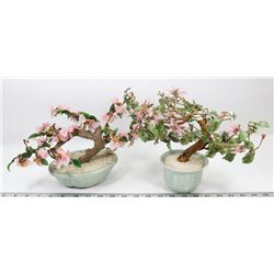 PAIR OF GLASS FLOWERING BONSAI TREES, 11" & 8"