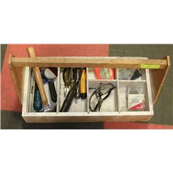 WOOD CARPENTERS TOOL BOX WITH CONTENTS