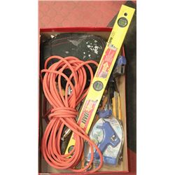 BOX OF TOOLS INCL LEVEL, EXTENSION CORD, KNEE