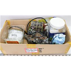 BOX OF AQUARIUM ORNAMENTS & SUPPLIES.