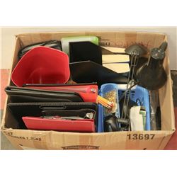 BOX FULL OF OFFICE SUPPLIES INCL. LEATHER