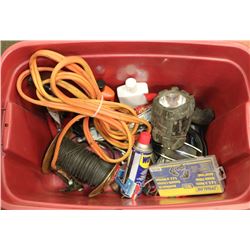 RED BIN W/AUTOMOTIVE TOOLS, SUPPLIES,