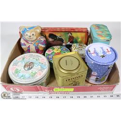 FLAT OF VINTAGE TINS INCL ROYAL WEDDING , ELVIS