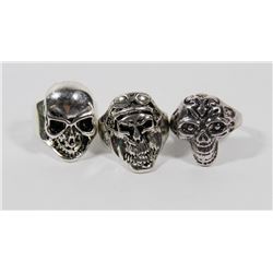 LOT OF 3 MENS SKULL BIKER RINGS