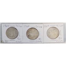 LOT OF 3- 1964 CANADIAN SILVER 50 CENT PIECES