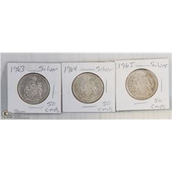 1963, 1964 & 1965 CANADIAN SILVER 50 CENT PIECES