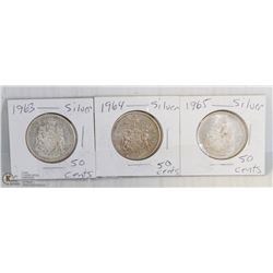 1963, 1964 & 1965 CANADIAN SILVER 50 CENT PIECES