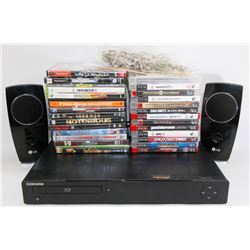 BOX WITH BLU-RAY PLAYER, ASSORTED DVDS & GAMES.