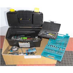 LARGE BOX W/BLACK TOOLBOX FULL OF TOOLS