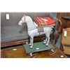 Image 1 : Vintage carved wooden horse pull-toy with leather saddle, dapple grey paint, steel wheel on wooden p