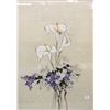 Image 1 : Gilt and glass framed watercolour painting of calla lilies and lilacs signed by artist Pauly Wong, 2