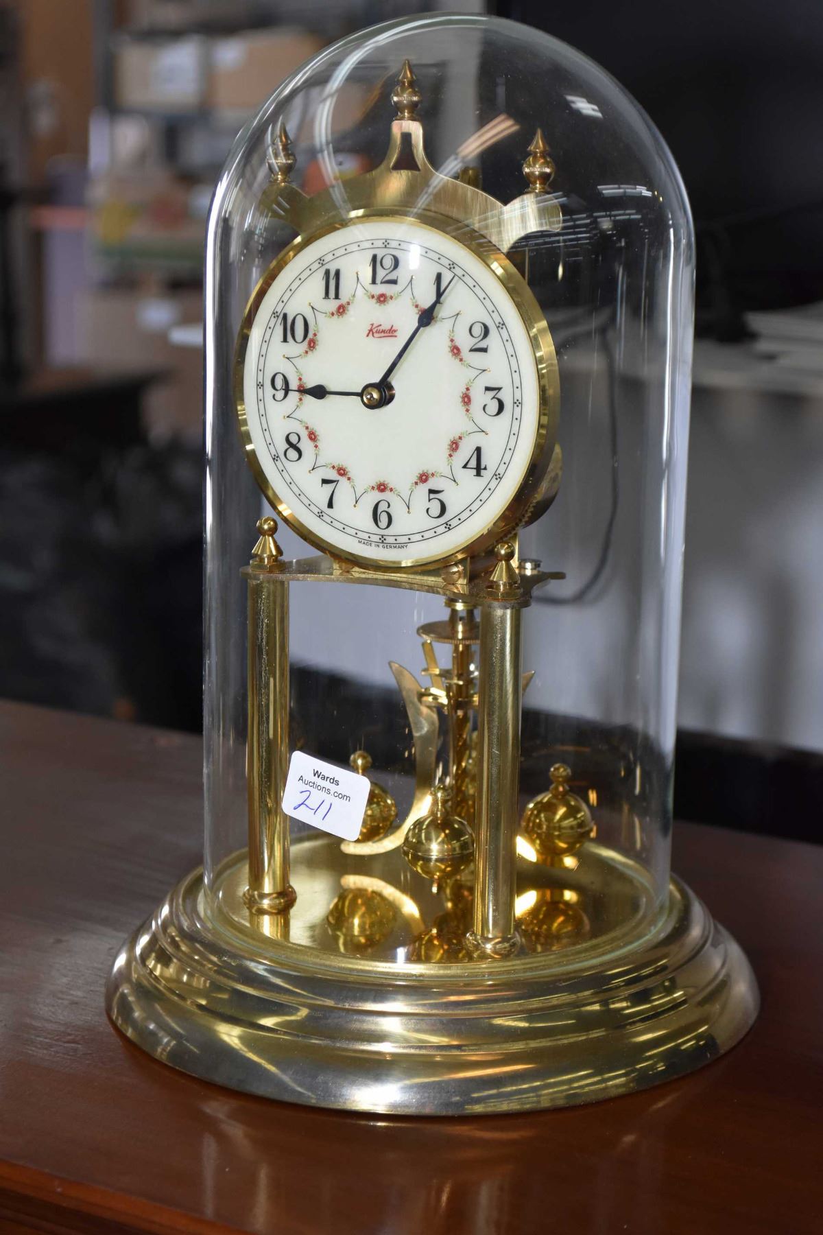 German made Kundo brass anniversary clock with painted porcelain dial ...