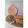 Image 1 : Official boy scout hat in hat keeper, a carved wooden flask and a child's writing slope