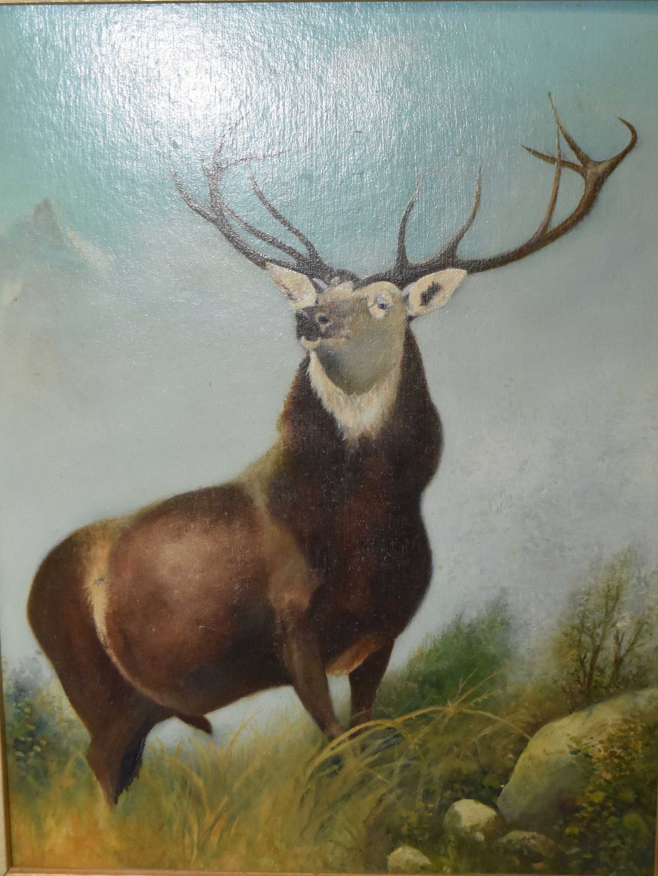 Bill Hermanson Gilt framed oil on board painting of a majestic stag, marked on verso ...