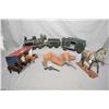 Image 1 : Selection of toys including vintage holster and two guns, wood and metal folk art train set, horse s