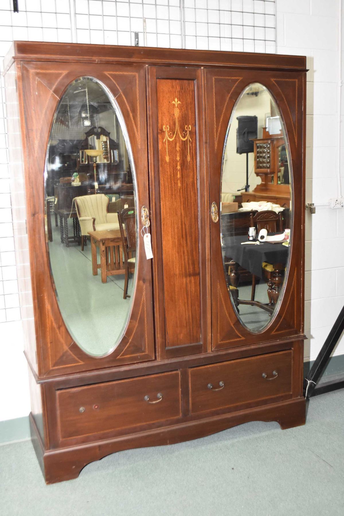 Large Antique Sheraton Two Door Wardrobe With Double Oval Bevelled Mirrors Inlaid Satin Wood Center Large Antique Wardrobe With Mirror