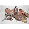 Image 1 : Child's vintage leather western saddle, a pair of vintage small leather saddle bags and a set of spu