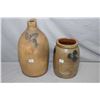 Image 1 : Two vintage pottery pieces including hand decorated handled wine jug and glazed and hand painted cro