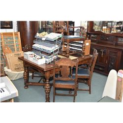 Mid 20th century refractory style oak draw leaf dining table with six dining chairs including one ca