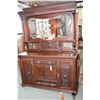 Image 1 : Large antique mahogany sideboard with carved panels on drawers and doors in base topped with tall ba