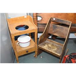 Small primitive single drawer washstand and a primitive distressed rocker