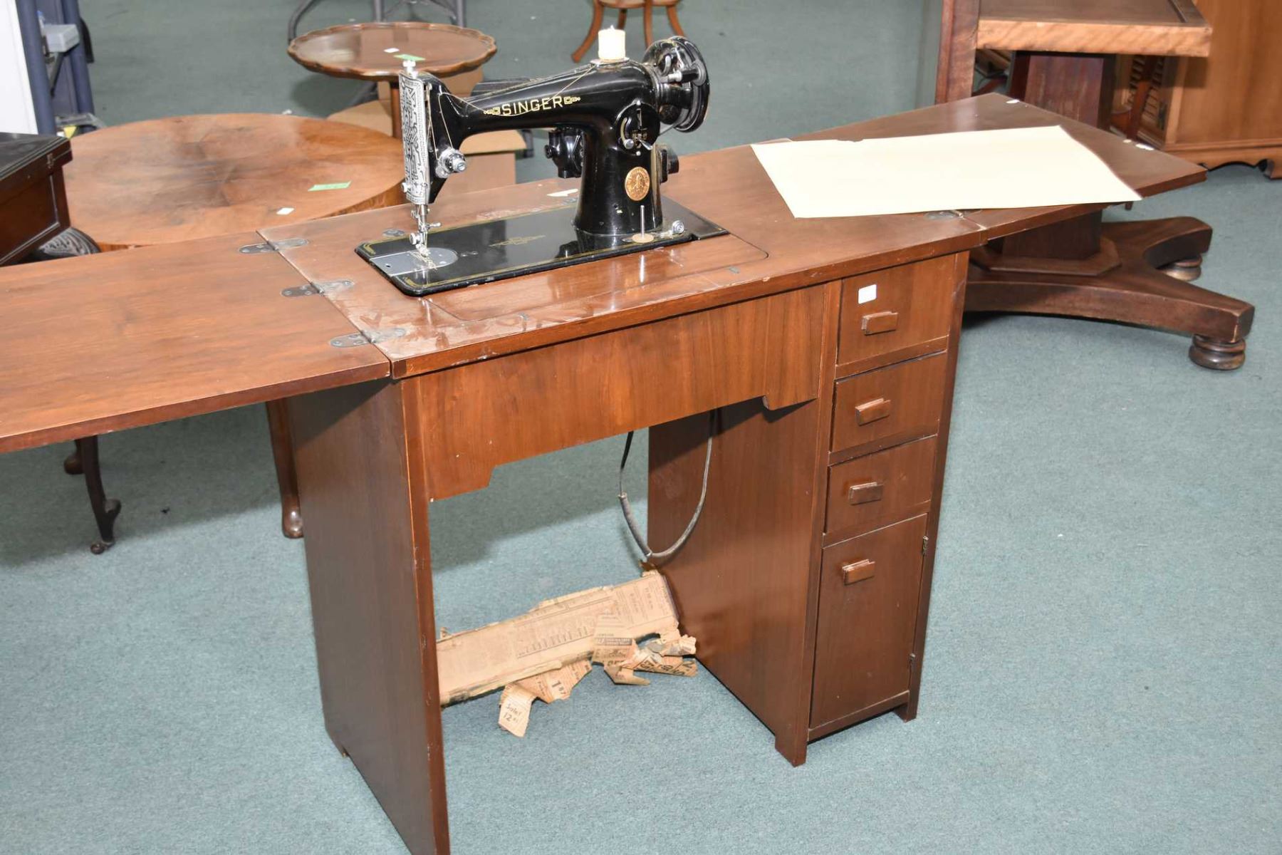 1960 S Walnut Single Pedestal Sewing Machine Cabinet With Singer