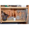 Image 1 : Shelf lot of collectibles including Fireking kitchen ware, pressed glass, Dresden style figurine, me