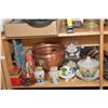 Image 2 : Shelf lot of collectibles including Fireking kitchen ware, pressed glass, Dresden style figurine, me