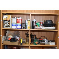 Two shelf lots including power polisher, car cleaning products, lacquer thinner, paint supplies, vin