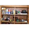 Image 1 : Two shelf lots including power polisher, car cleaning products, lacquer thinner, paint supplies, vin