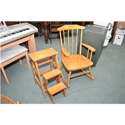 Spindle back rocking chair and a vintage wooden fold-over kitchen stool/step