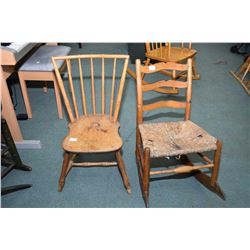 Child sized spindle back side chair and a child sized rocker with rush seat