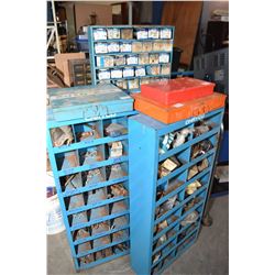 Three large 38" X 18" metal storage bins with contents including bolts, suspension parts, electrical