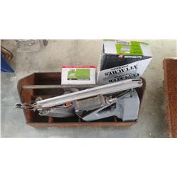 WOOD TOOLBOX WITH SENCO AND DUOFAST AIR NAILERS AND NAILS