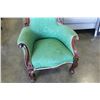 Image 2 : ANTIQUE CARVED GREEN UPOLSTERED ARMCHAIR