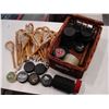 Image 1 : BASKET OF HOCKEY PUCKS MINI LACROSSE STICKS TAPE ETC