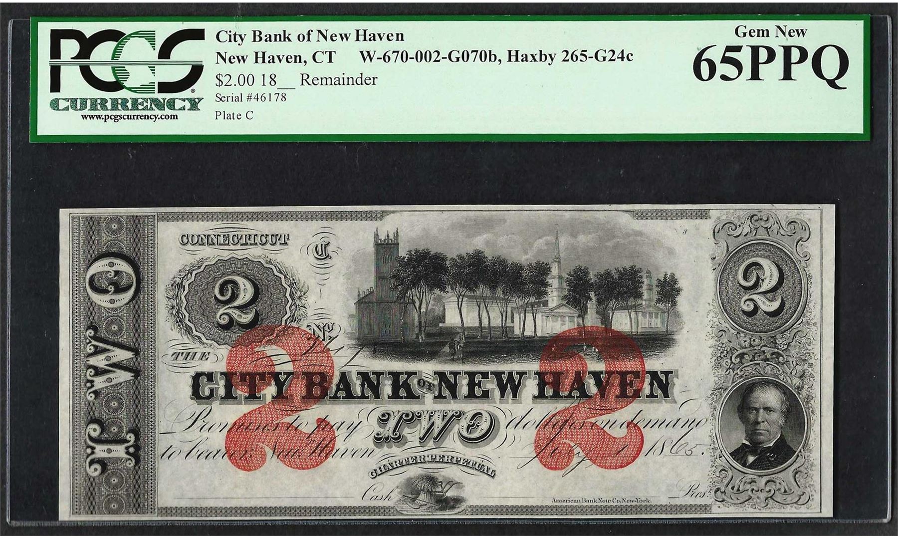 1865 2 City Bank of New Haven Obsolete Note PCGS Gem New 65PPQ