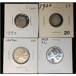 Lot of 4 - Canada Silver 5c & 25c 1947ML. 1965 PL