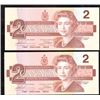 Image 1 : 2 Consecutive 1986 Canada $2 Bank of Canada EGK Notes Thiessen-Crow