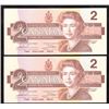 Image 1 : 2 Consecutive 1986 Canada $2 Bank of Canada CBF Notes Thiessen-Crow