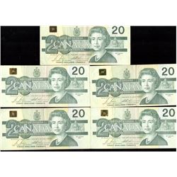 Lot of 5-1991 $20 Bank of Canada Replacement Serifs Banknotes