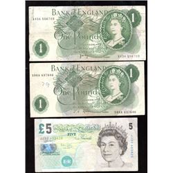 Lot of 3 - Bank of England One Pound, Five Pound Notes