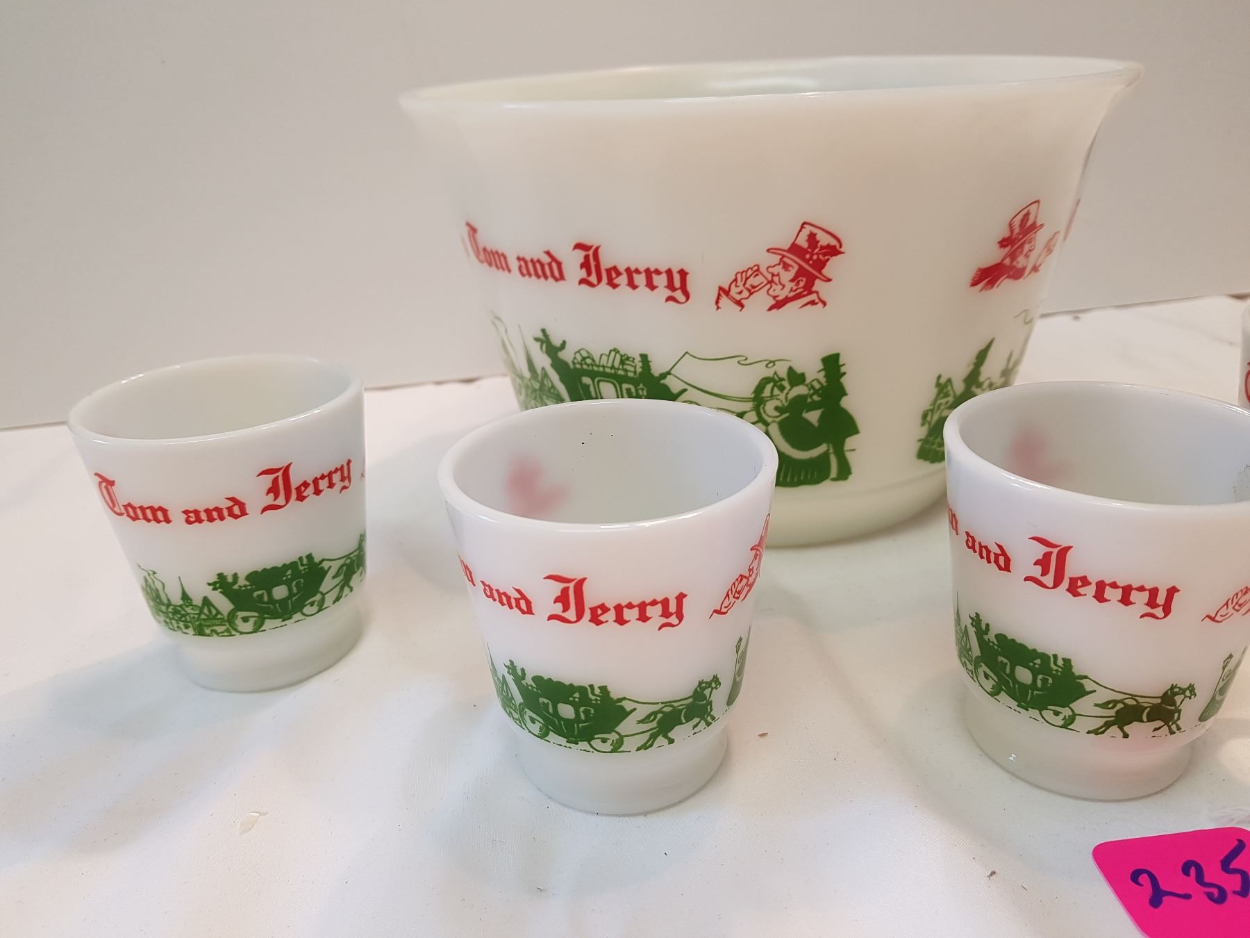 Tom and Jerry Milk Glass Punch Bowl Set 4 Cups