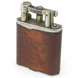 A 1940's English Dunhill Unique petrol table lighter, silver plated with brown leather cover and...
