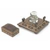 Image 1 : A cut glass inkwell and Tunbridge Ware stand, square shape with chamfered edge on button feet, 5i...