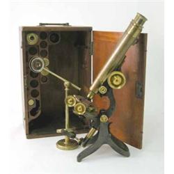 A late 19th century Swift & Sons lacquered brass compound microscope, with racked tube and side t...