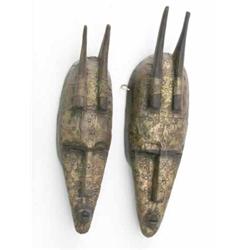 Two Marka wooden masks, Mali, overlayed and pined with brass mounts, 12.75 & 14.5 ins...