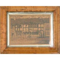 A 19th century Tunbridgeware panel of cottages, reputed to be of Stratford in a glazed burr maple...