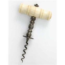 A 19th century English straight pull corkscrew, with turned bone handle, steel knopped shank with...