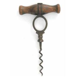 A 19th century Robert Jones corkscrew, of finger-ring type with turned wood handle, stamped 'R Jo...